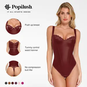 【Runs Small】Popilush Minimalist Faux Leather Corset Top - Sleeveless Bustier Bodysuit Lingerie with Lace Trim Shapewear Tummy Control Womenswear Basic Summervibes