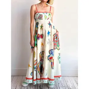 Plus Size Women Digital Printed Patchwork Dress With Adjustable Straps Bohemian Style A-Line Dress For Spring And Summer