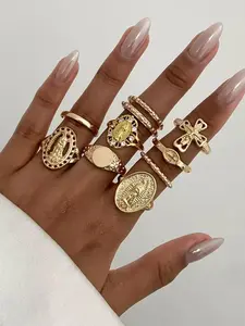 Vintage Mary Cross Ring Set for Women, 10 Pcs Thick Stackable Finger Rings, Retro Jewelry Accessories, Geometric Design Ring