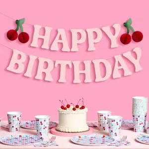 Happy Birthday Cherry Banner - Pink Glitter, 6.5 Ft. | 3D Cherry Garland, Bday Decoration, Accordion Party Sign, Pop Up Photoshoot Backdrop