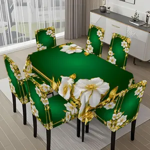 5/7-piece 2D Flat Printing Happy Spring White and Gold Flowers on Green Background Printing Pattern Tablecloth and Chair Cover Set, for dining table and chair decoration, perfect for home, holiday gatherings, restaurants, and parties.