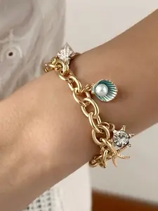Starfish Conch Pearl Shell Fish Tail Multi-Pendant Bracelet, Fashionable Versatile High-End Elegant Non-Adjustable Jewelry
