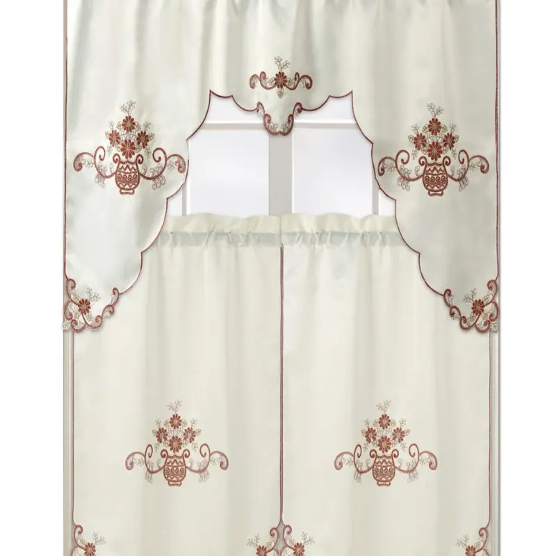 Luxury Embroidered, Hand-Cutwork Kitchen Curtain Set, 100% Polyester