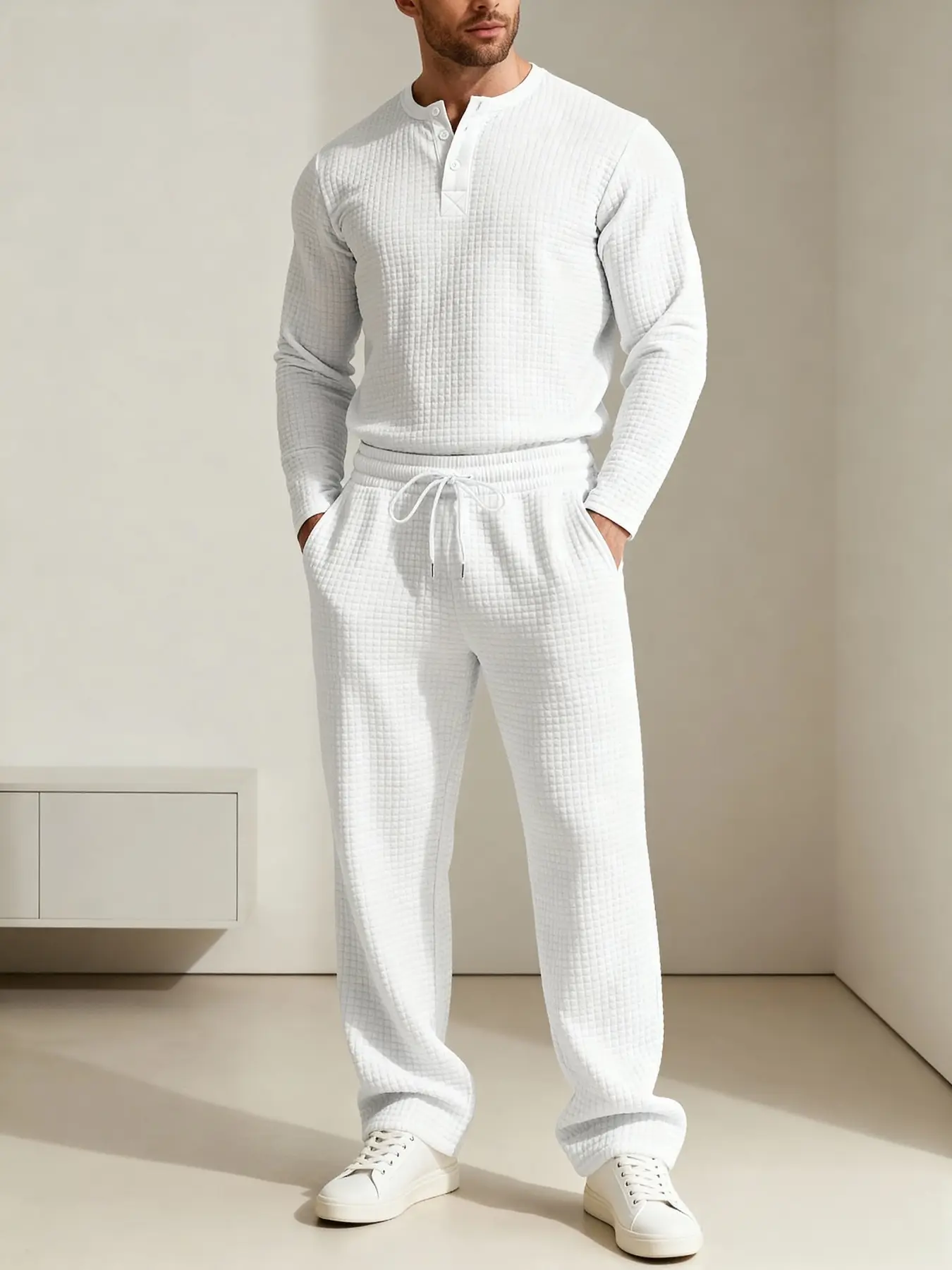 Men's Waffle Knit 2 - Piece Set, Henley Neck Long Sleeve Knitted Top with Drawstring Casual Sweatpants, Soft and Comfortable Casual Outfit Suitable for Daily and Home Wear, Stylish Men's Outfit