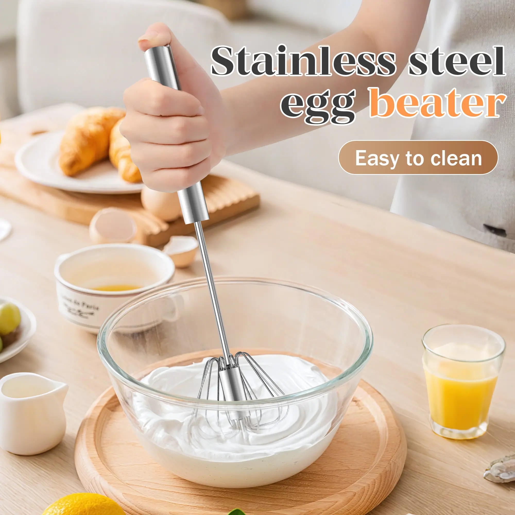 AA Stainless Steel Hand-Push Spinning Wire Whisk - Food-Grade Rust-Resistant Kitchen Cooking Accessory, Sturdy Riveted Construction, Semi-Automatic Design for Stirring Coffee, Egg Tasks, Easy to Clean