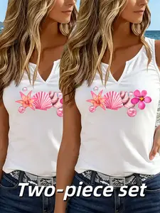 Shell Lily Print V-Neck Sleeveless Vest Set, Summer Sports/workout/beach Wear, Casual Loose-Fitting Graphic Top
