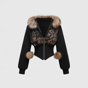 Vintage American Style Cropped Hooded Jacket With Fur Collar Zip Up Cinched Waist Slim Fit Womenswear Aesthetic