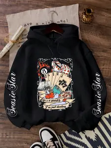 Poker & Dice Graphic Pattern Long Sleeve Hoodie with Letter Print Sleeves, Comfortable Loose Casual Style, Easy to Pair with Any, Must-Have Closet Addition, Knit Sweatshirts Womenswear