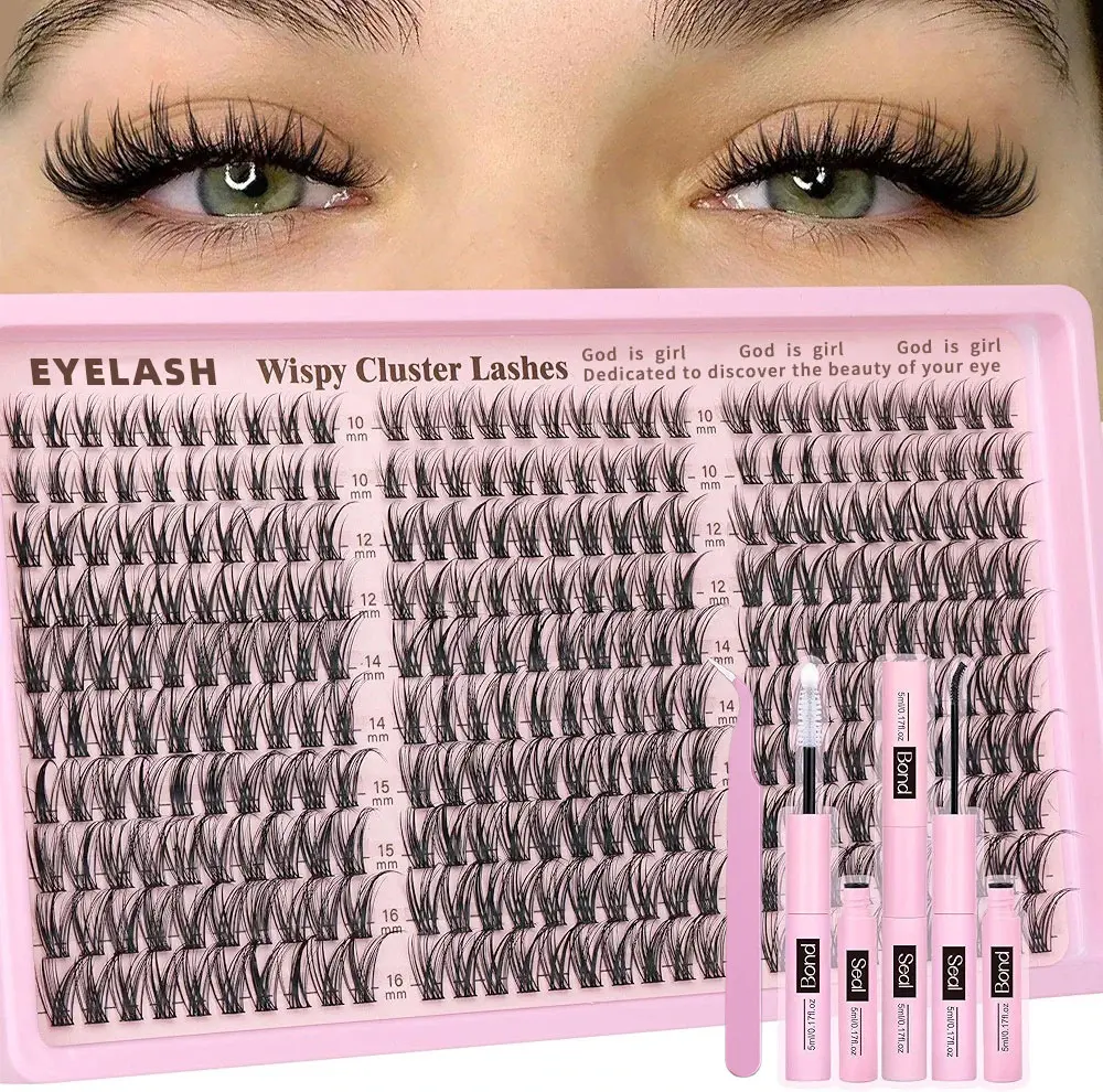 Lash Clusters Kit Wispy Eyelash Clusters Lashes Natural DIY Lash Extension Kit 10-16mm Cluster Eyelash Extensions Kit 300pcs C Curl Individual Lashes Cluster Eyelash