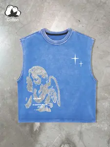 Y2K Washed Black Crop Tank Top | Grunge Angel Print Sleeveless Tee | Oversized Streetwear Unisex for Women Men | Dark Aesthetic TikTok Trend | Vintage Cotton Summer Top Fitted