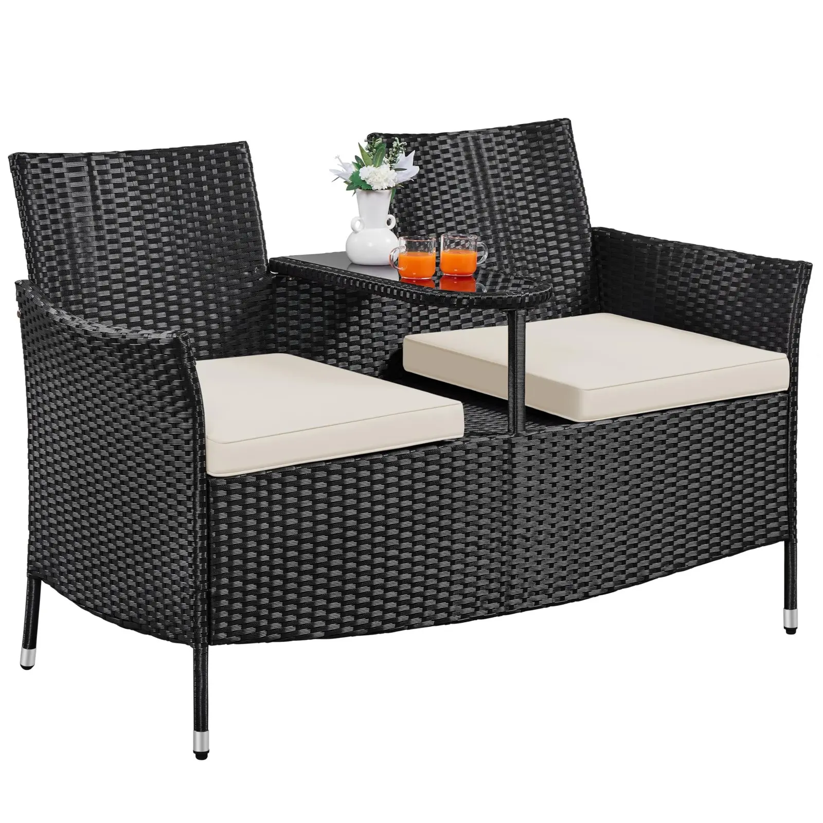 Patio Loveseat, Outdoor Wicker Double Chair w/Side Table,PE Rattan Furniture Set