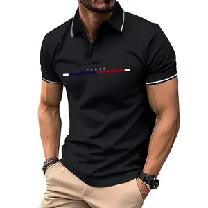 Men’s 2026 Fashion Short-Sleeve Turn-Down Collar Polo Shirt — Trendy Paris Print, Comfortable & Skin-Friendly, Detailing with Contrasting Colors; Premium Quality for Summer Outings and Ideal as a Base Layer in Autumn/Winter Black