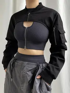 Women's Solid Pocket Zipper Mock Neck Crop Jacket, Designer Jacket for Women, Street Casual Outerwear, Summer Jackets for Women, Women's Clothing for Spring & Fall, Womenswear