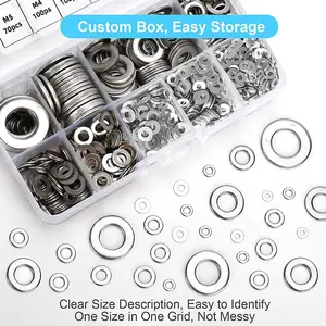 800pcs 304 Durable Stainless Steel Flat Washers Assortment Kit (M2, M2.5, M3, M4, M5, M6, M8, M10 and M12), Suitable for Home Decoration, Factory Repair, Kitchen Installations, Shops and Outdoor Construction Hardware