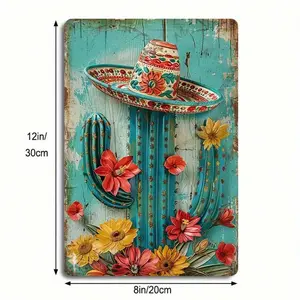1PC Artistic Aluminium Hanging Tin Sign - 2D Flat, 8x12in/20x30cm, Mexican Hat With Cactus And Flowers, Rustic Desert Theme, Vintage Farmhouse Room Decor Wall Plaque