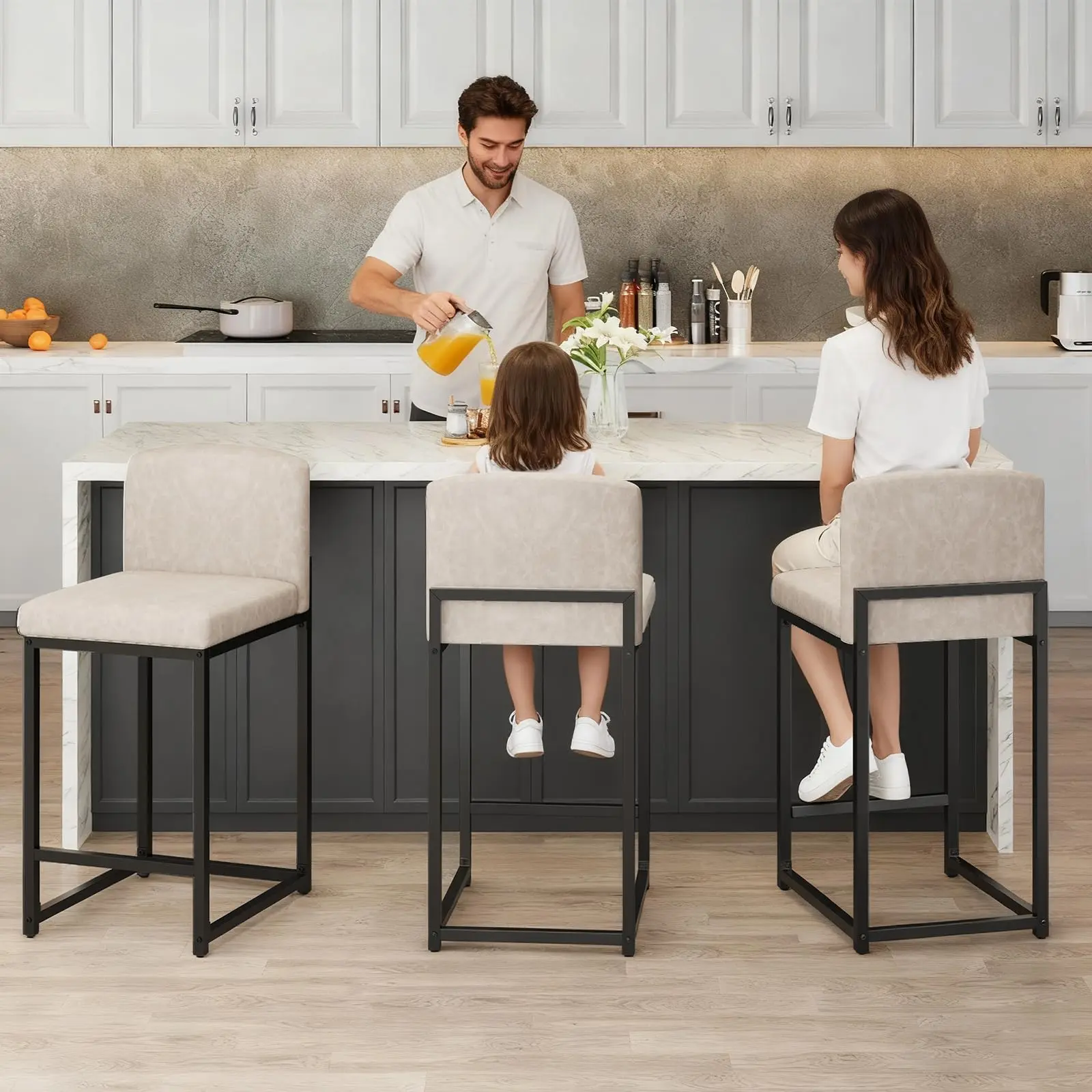 Modern Comfort & Support Bar Stools Set – 24.8" Counter Height, Faux Leather Upholstered Chairs with Backrest, Metal Legs, Black, 4-Pack – Ideal for Kitchen Island, Home Bar, or Game Room