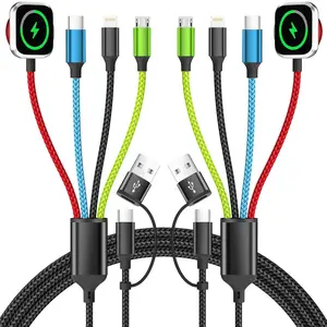 Travel Essentials 4-in-2 Multi Charging Cable with iWatch Charger, 2Pack 5FT Nylon Charging Cords, USB C/USB A Phone Charger Cord for iPhone 17-5, iPad, Galaxy S25-S21, Cruise/Car/Home Use
