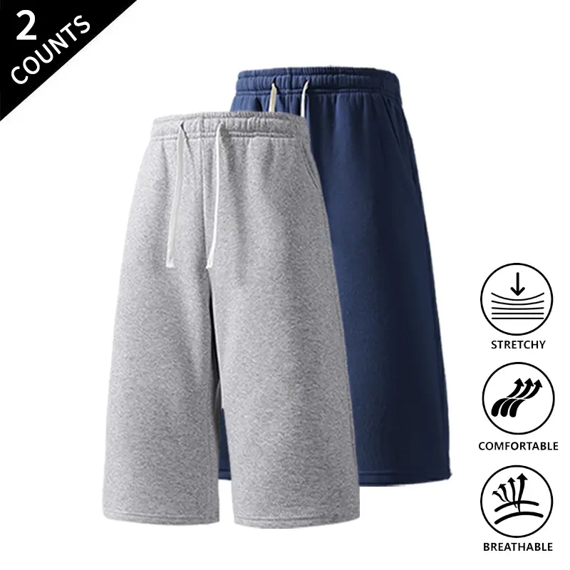 2-Pack Men’s Knee-Length Athletic Shorts, Elastic Waist with Drawstring, Breathable Fabric, Casual Mid-Length Sweat Shorts for Gym & Jogging