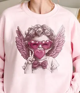 Valentines Peach Cupid Sweatshirt with Cute Angel Print, Sunglasses, Bow Tie, Lightweight Fabric for Women's Comfort and Style