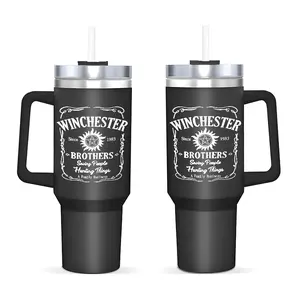 "Supernatural"Design 40oz Insulated Cup, Insulated Thermos, Large Insulated Cup with Straw, Lid, and Handle, Stainless Steel Water Bottle, Reusable Drinking Cup, High-Quality Water Bottle, Fashionable Portable Drinking Cup for Office and Travel-Friend