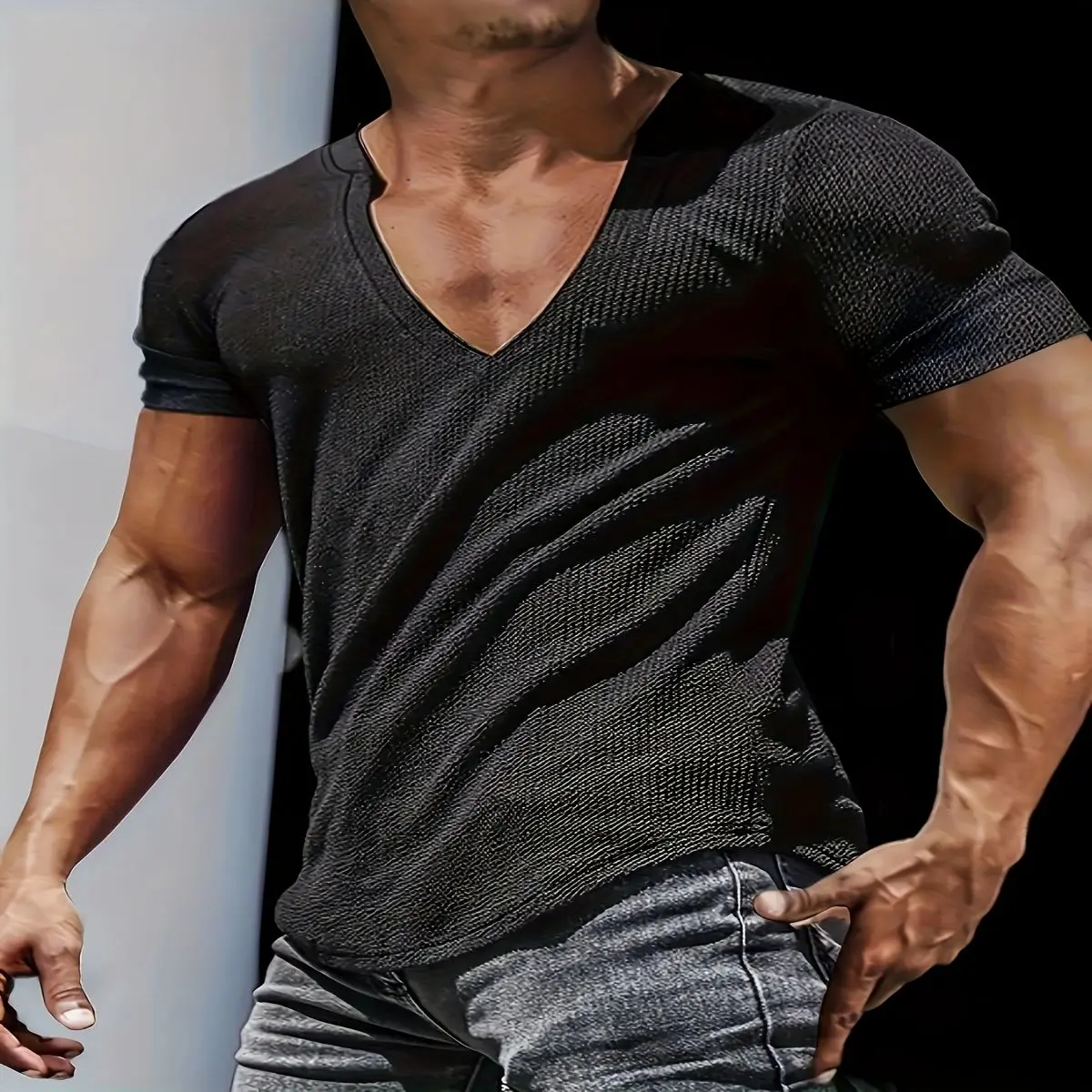 Men'S Plus Size Deep V Neck T-Shirt - Textured Striped Knit Polyester, Slim Fit Short Sleeve Henley Top for Casual Summer Weekend Wear, Wear|Vneck Tshirt|Stretchy Fabric
