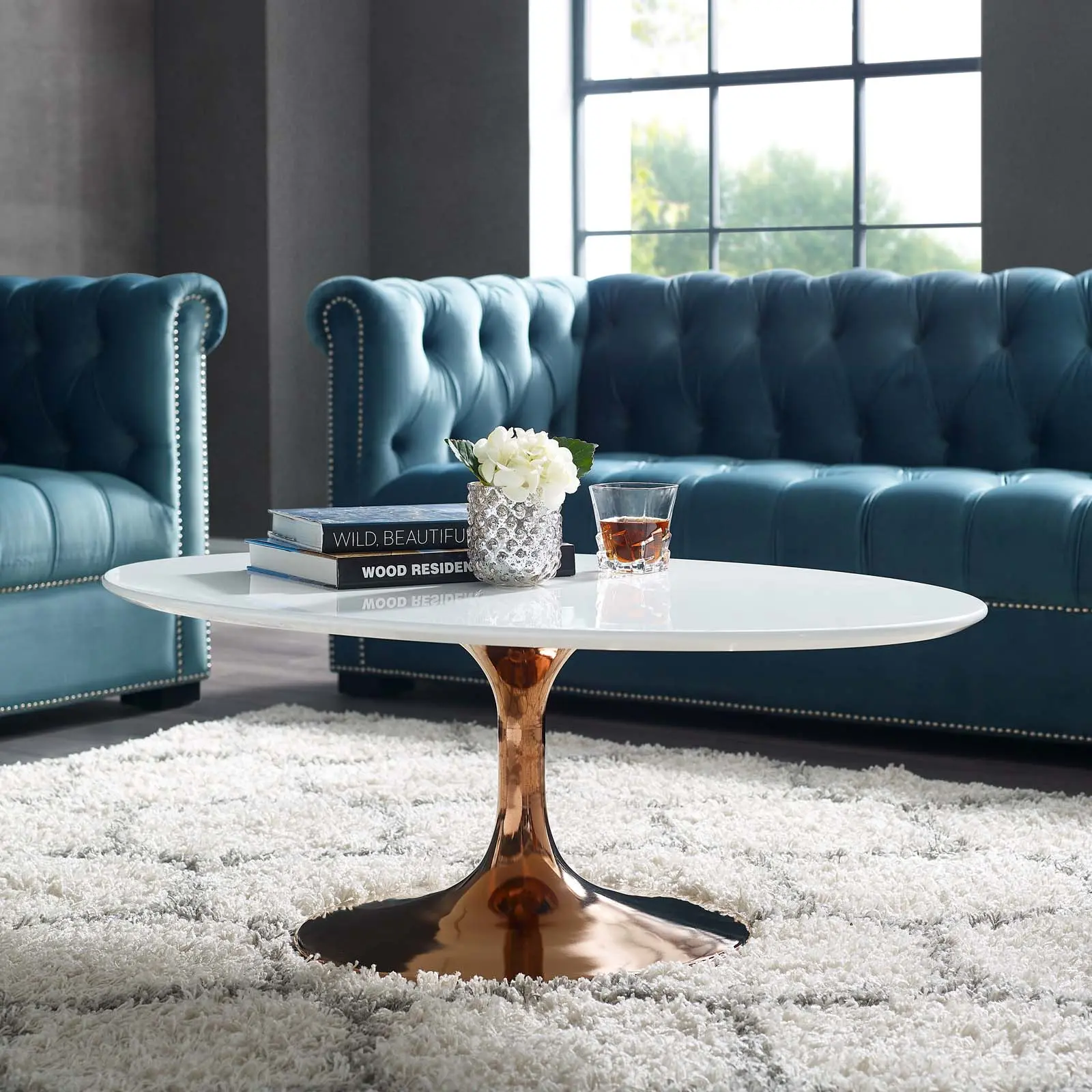 Modway Lippa 42" Oval-Shaped Wood Top Coffee Table in Rose White