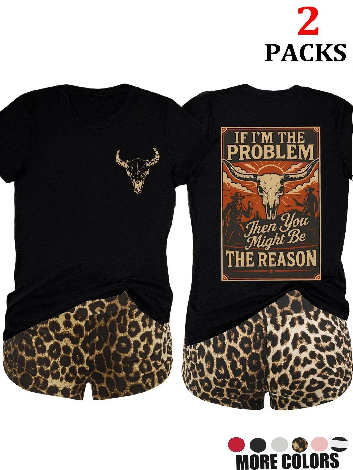 2-Pack Value Set, Two Matching Short-Sleeve Tees, High-Waisted Leopard Print Shorts, Comfortable for Lazy Days, Cozy Nights, Sleepovers, Loungewear, Pajama