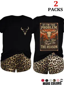 2-Pack Value Set, Two Matching Short-Sleeve Tees, High-Waisted Leopard Print Shorts, Comfortable for Lazy Days, Cozy Nights, Sleepovers