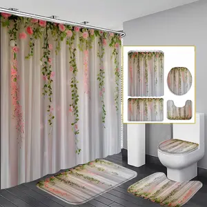 Floral Vine Print Waterproof Shower Curtain Set, Includes Hooks, Wall-Mounted Design, Ideal for Bathrooms & Hotels, Durable Fabric Material, Bathroom Decoration Accessories
