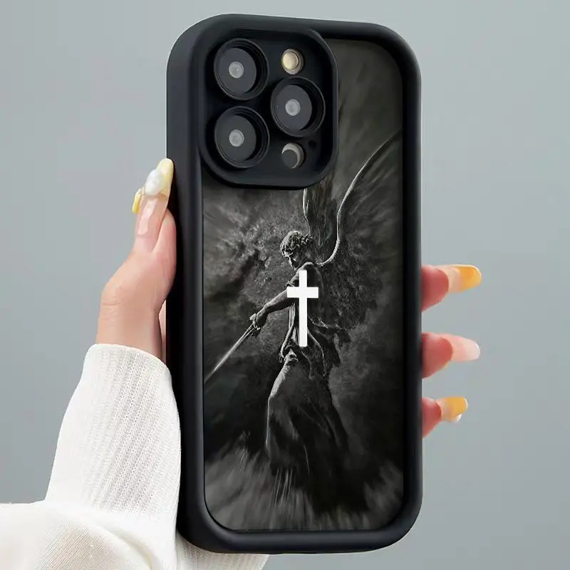 Dark Angel & Cross Print Soft Silicone Phone Case for iPhone 17 Pro Max,16,14,13,12,11,XR,XS Plus - Full Body Shockproof TPU Cover, Advanced Fashion Gift, Mobile Phone Accessory HM131