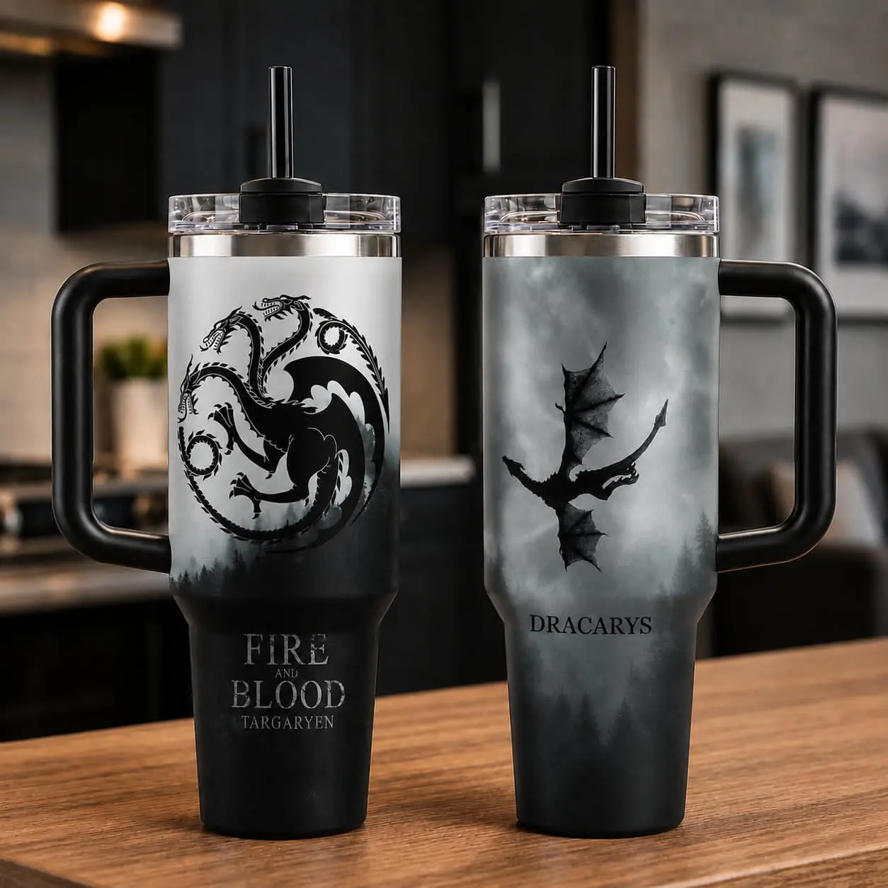 House Targaryen 40oz Tumbler, Fire and Blood Dragon Fan Travel Mug, Minimalist Black and White Fantasy Cup with Black Handle