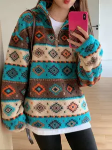 Women's Lamb Wool Hoodie Jacket, Plain Color Pullover Half-Zip Long Sleeve Fleece Lined Thick Warm Sweatshirt for Fall & Winter