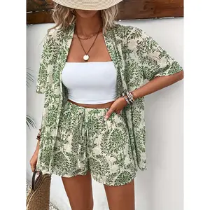 Floral Print Two-Piece Set Cardigan Short Sleeve Shorts Outfit Women's Clothing