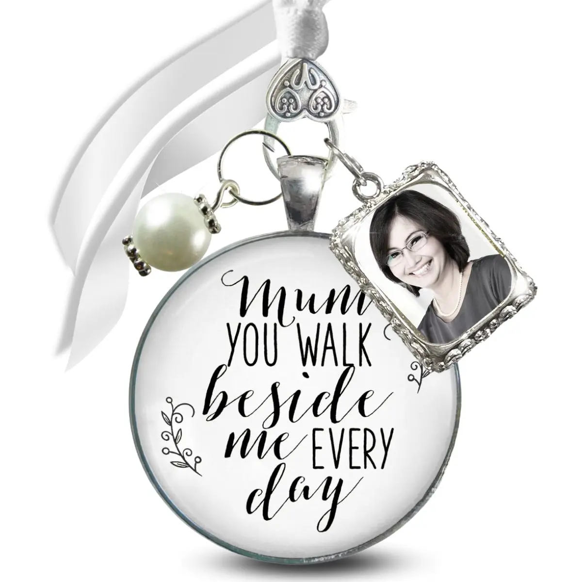 Bridal Bouquet Photo Charm Mum You Walk Wedding Mother Memorial Silver Photo Jewelry