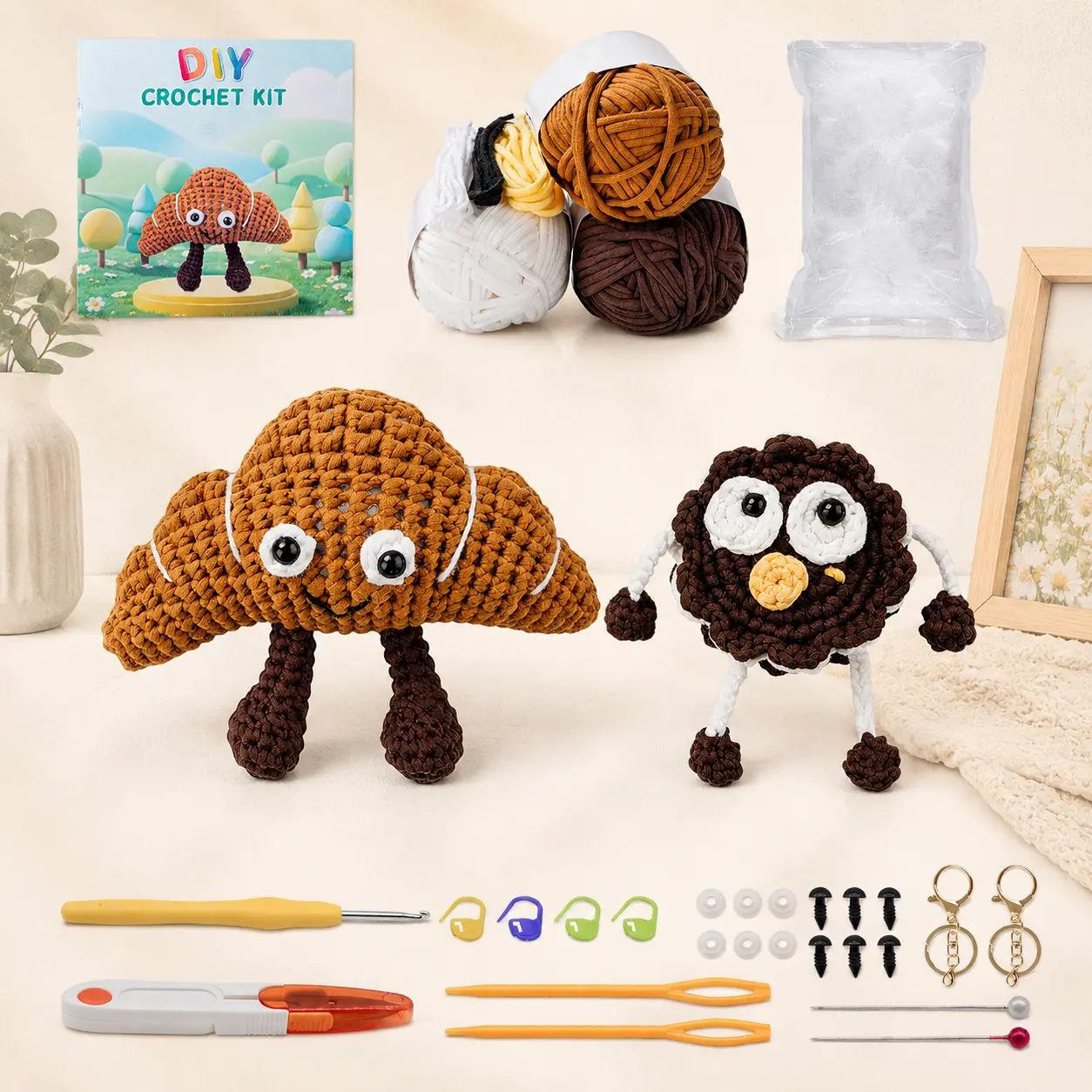 Beginner Unisex DIY Craft Crochet Kit - Croissant & Cookie Plush Set for Teens, Adults, Birthdays, with Easy Video Tutorial & Complete Tools