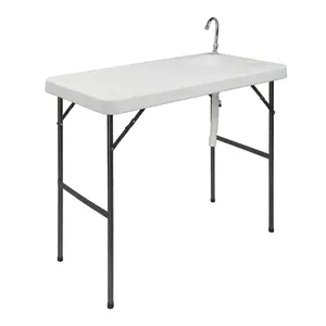 Folding Portable Fish Fillet & Hunting Cleaning Table with Sink & Faucet, HDPE Outdoor Cutting Prep Station with Garden Hose Hookup for Camping, Fishing, BBQ, Off-White