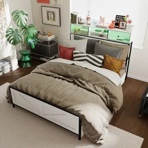 FUFU&GAGA Queen Bed Frame w/ Storage Headboard, USB Charging, Light, 4 Drawers & 5 Shelves | Farmhouse Wood Platform, Metal Slats, No Box Spring Needed