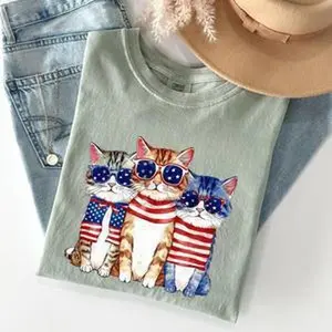Patriotic Hippie Cats, Funny, Patriotic, 4th of July Tshirt, Women's Crew Neck, Crewneck