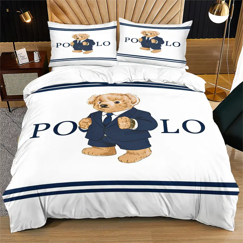Polo Bear Pattern Soft Durable Bedding Set, Includes 1 Fitted Sheet and 1 or 2 Pillowcases, Excluding The Core And Pillow Core, Modern Style Bedroom Decor Gift