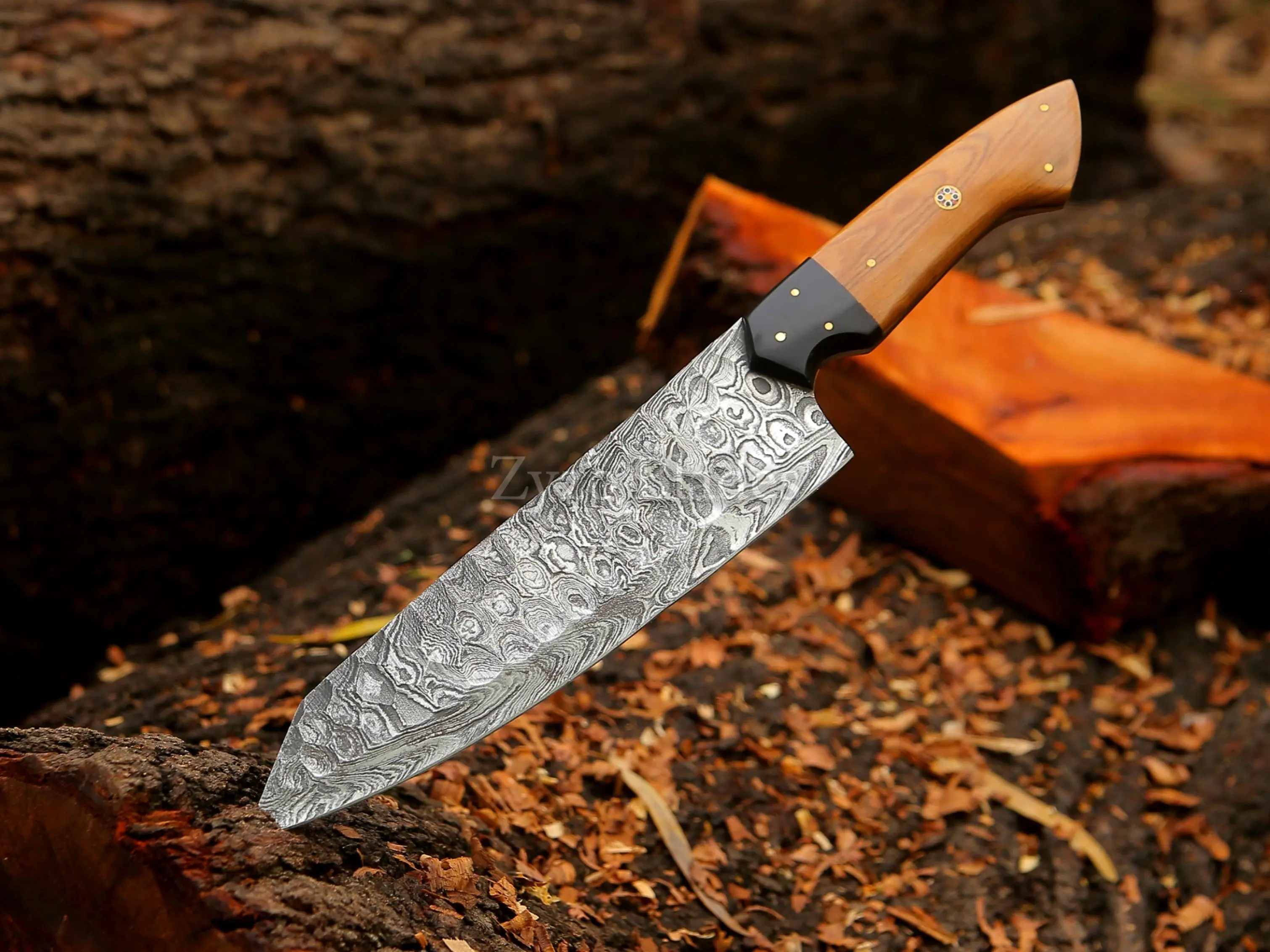 Forged 13-Inch Custom Damascus Steel Chef Knife - Ergonomic Wooden Handle, Durable Sharp Blade for Home Kitchen Chopping, Home Use