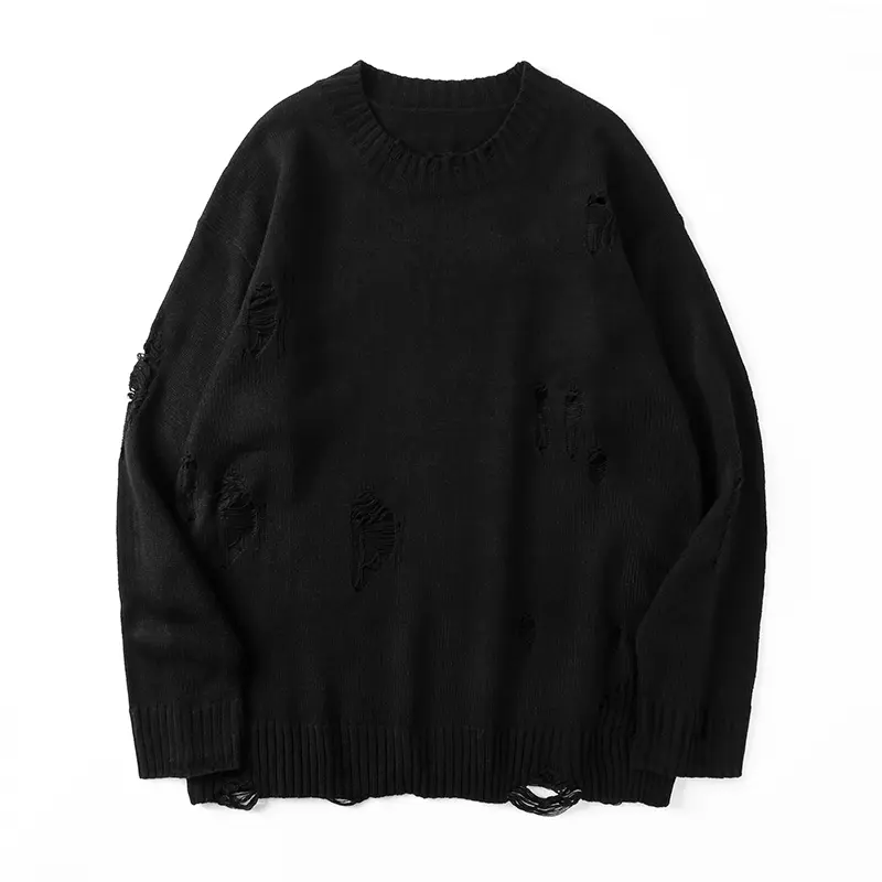 Men’s distressed ripped knit sweater – irregular frayed holes, relaxed oversized fit, anti pilling skin friendly knit, multicolor, street punk style pullover for campus, parties & everyday wear