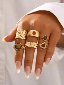Women's Vintage Boho Stacking Ring Set, 6-Piece Fashionable Sunstone Imitation Tiger Eye Rings, Autumn Winter Jewelry Gift for Girls, Statement Multi Ring
