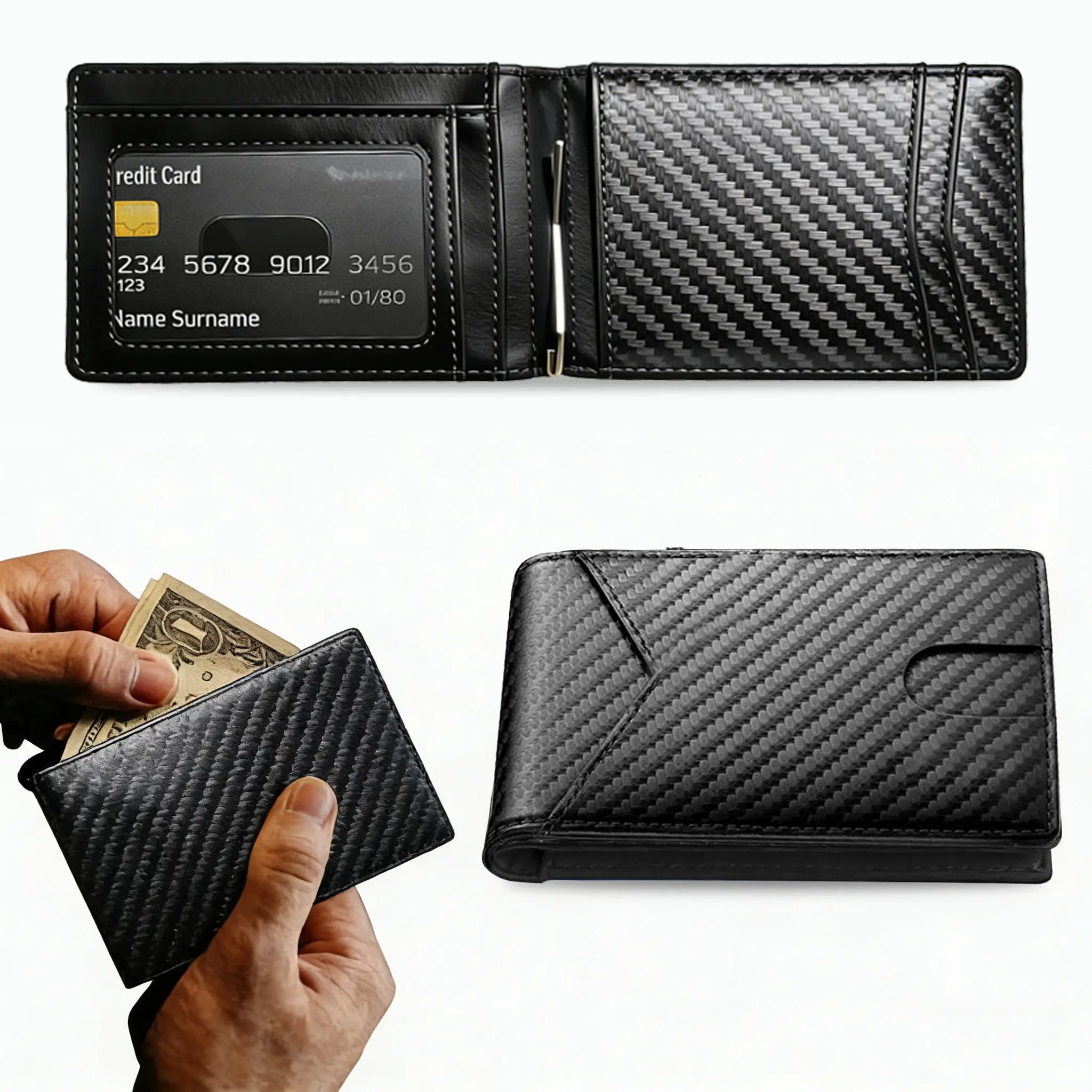 Men's Slim Carbon Fiber Leather Front Pocket Wallet - Boxed, Compartmental, Fashion Mens Wallet with Expandable Utility Pocket, Minimalist Card Holder, Tracker Holder, Gift Box & Screen Protector Included (Tracker Not Included), Boxed Men's Wallets summer