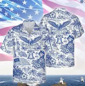 America 250 Hawaiian Shirt 1776-2026, Semiquincentennial Patriotic Button Down, USA 250th Anniversary Vintage Blue White Toile Men's