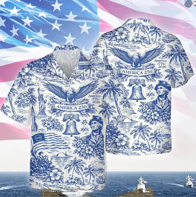 America 250 Hawaiian Shirt 1776-2026, Semiquincentennial Patriotic Button Down, USA 250th Anniversary Vintage Blue White Toile Men's