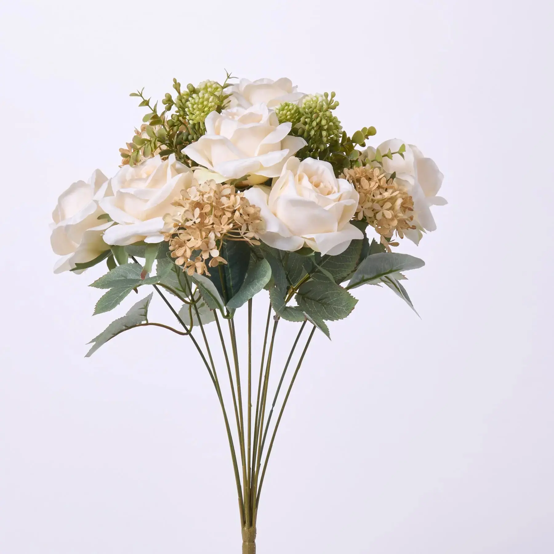 19" Faux Silk Beige Hydrangea & Rose Flower Bush Stem Bouquet with Decor Leaves, Fully Wired Design, Decorative Floral Arrangement for Home Decor, Console Table Centerpiece, Leaf, Rose Flower Design