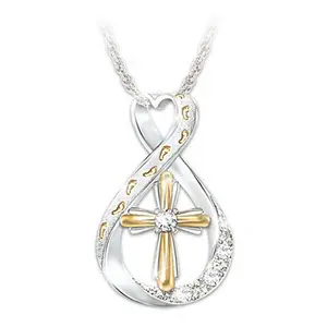 Christian Cross Footprint Pendant Necklace for Women & Men, Two Tone Faith Jewelry with Crystal Accent, Religious Gift, Inspirational Cross Necklace