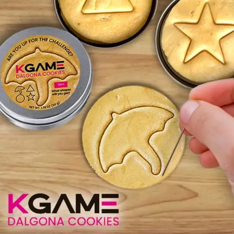 Kgame Dalgona Cookie Tin- 2 Cookies in Each Pack- NO NEEDLE INCLUDED Snack Sweet Treats Biscuit - Random Shapes