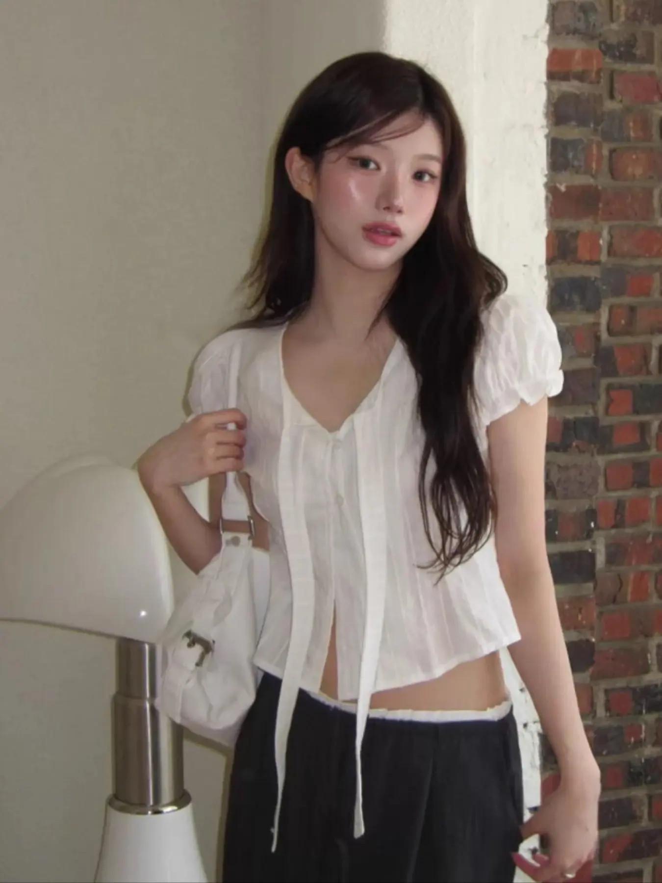 Elegant Women's Casual Summer Woven Shirt, Bow Tie Design, Bubble Sleeves, Short Sleeve Fit Blouse for Spring & Fall, Ladies Fashion Top Womenswear
