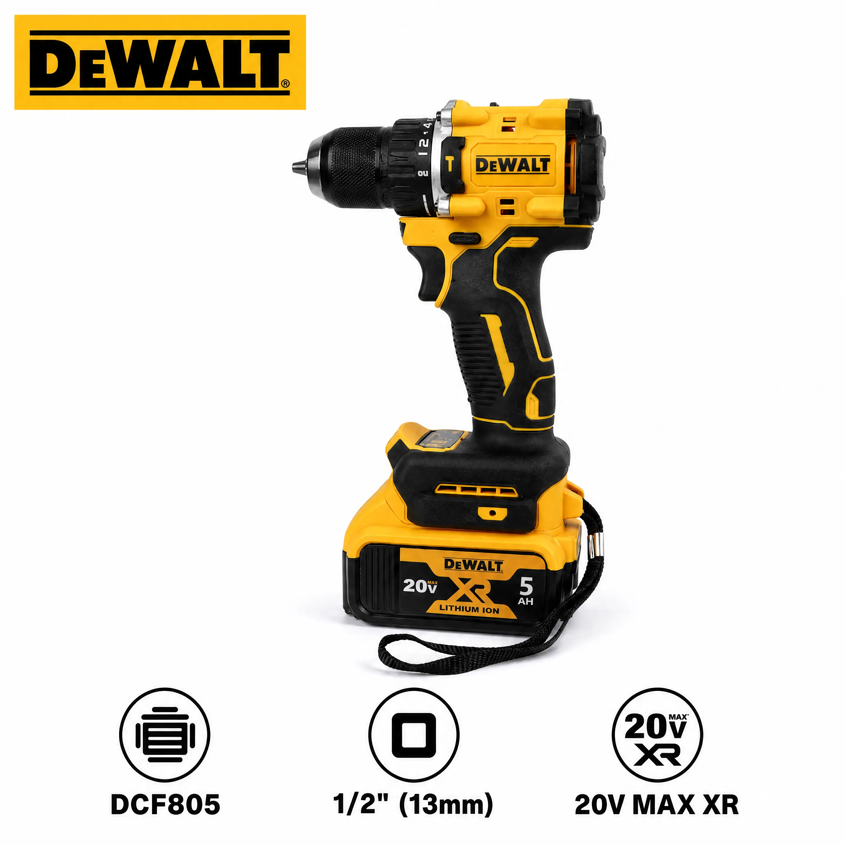 DEWALT DCF805 Compact Cordless Hammer Drill, 3-In-1 Working Modes, Self-Locking Keyless Chuck, Adjustable Torque, Built-In LED Work Light, Suitable For Drilling Tasks, Cabinet Installation, Electrical Projects And Household Maintenance